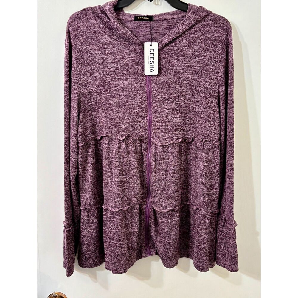 DEESHA NWT Women's XL Purple Heather Zip Hooded Tiered Ruffle Sweatshirt Coat
